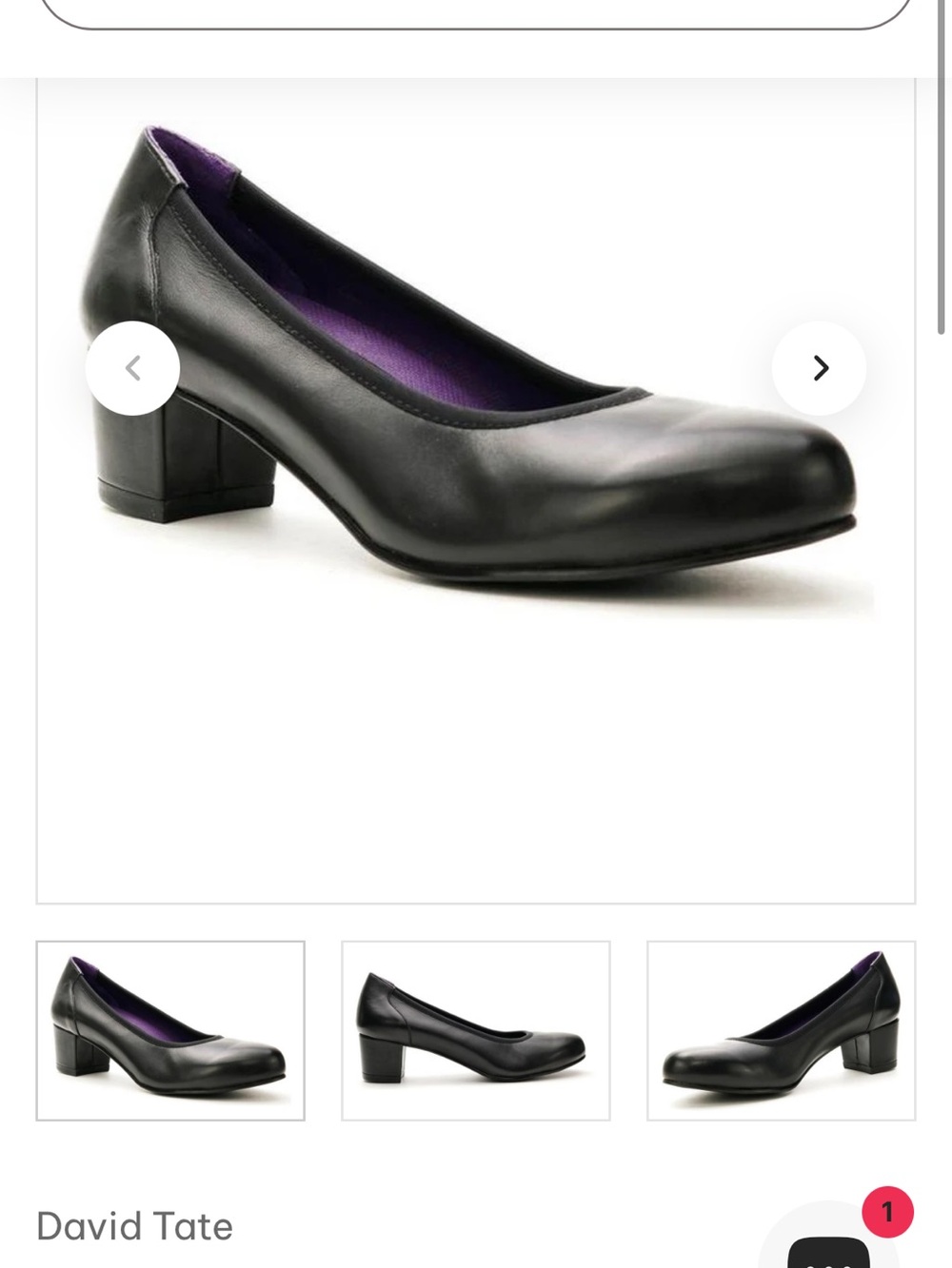 David Tate Black Leather Low Block Heel Pump with Purple Lining